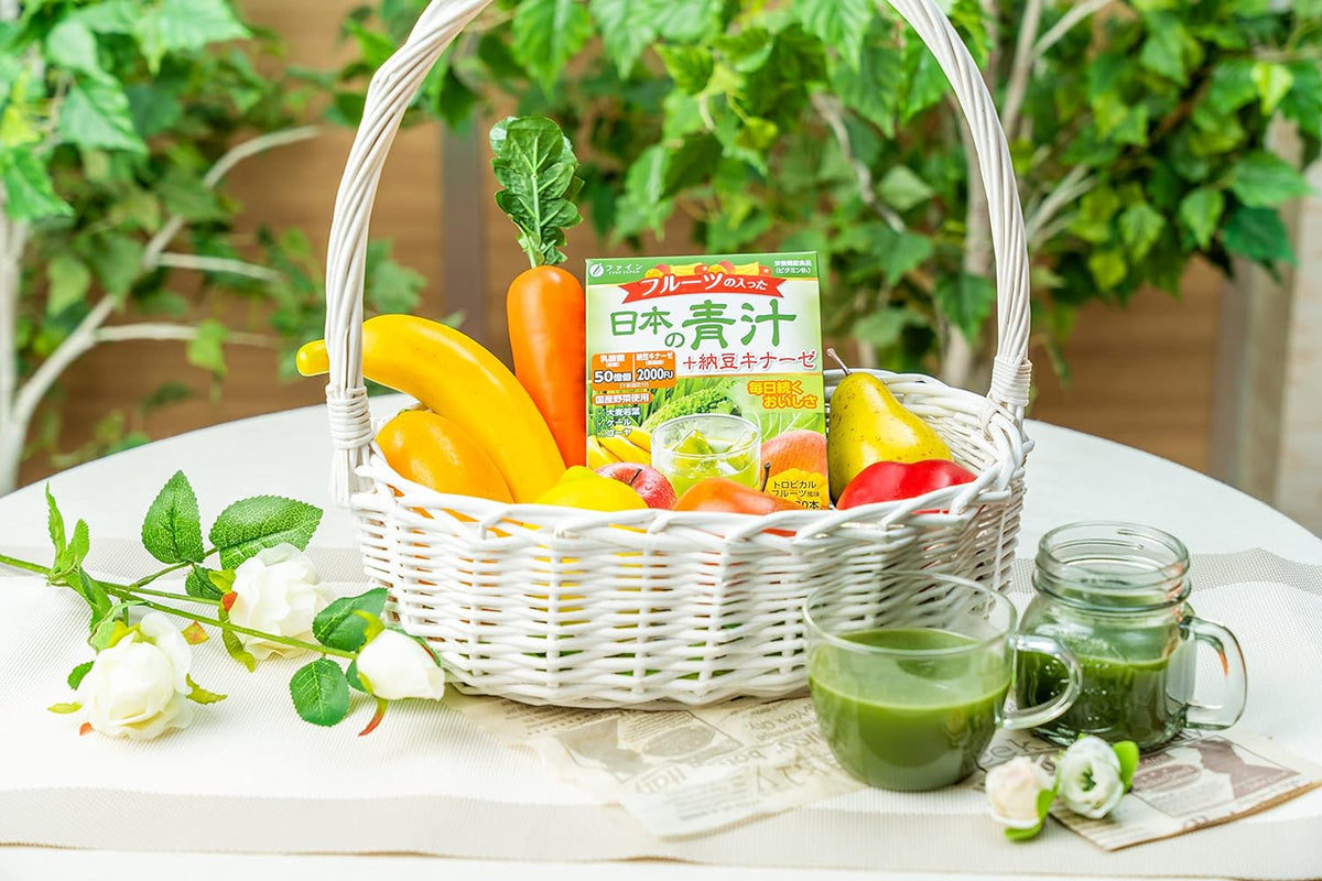 Japanese Green Aojiru Barley Grass Powder & Natto Kinase with fruits (30 Sticks) by FINE JAPAN