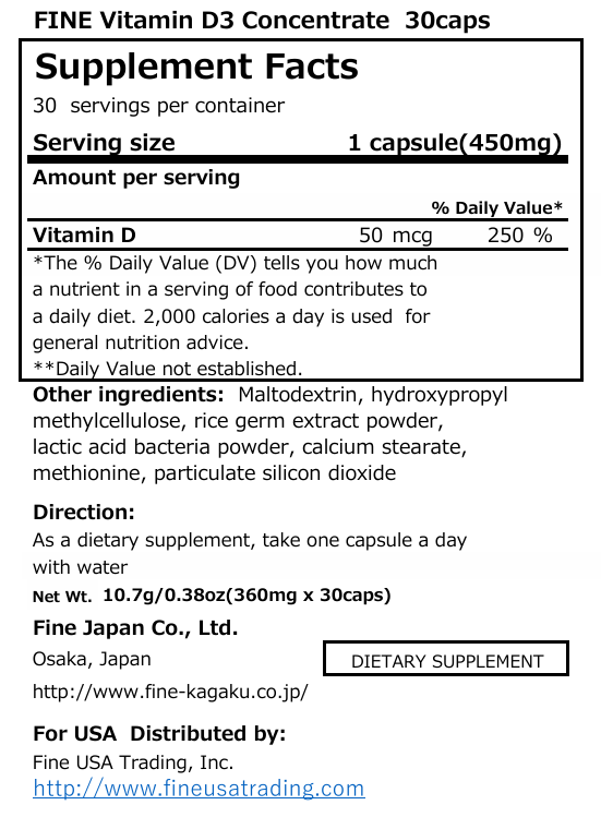 High-Concentration Vitamin D3 – Immune & Bone Support, 30 Tablets (360mg) by FINE JAPAN