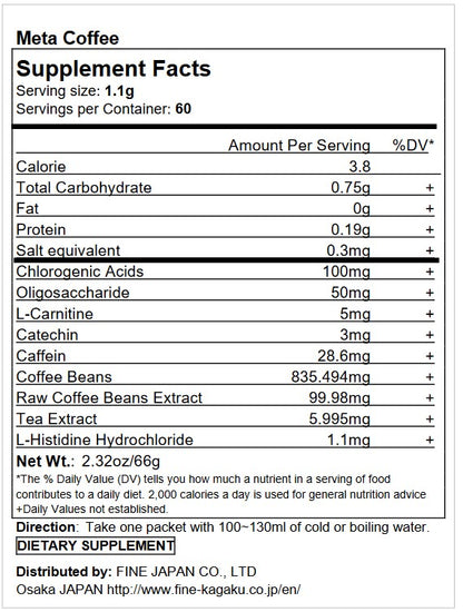 Meta Coffee Diet Support Coffee with Chlorogenic Acid Black Ginger and Oligosaccharides (60 Servings) by FINE JAPAN