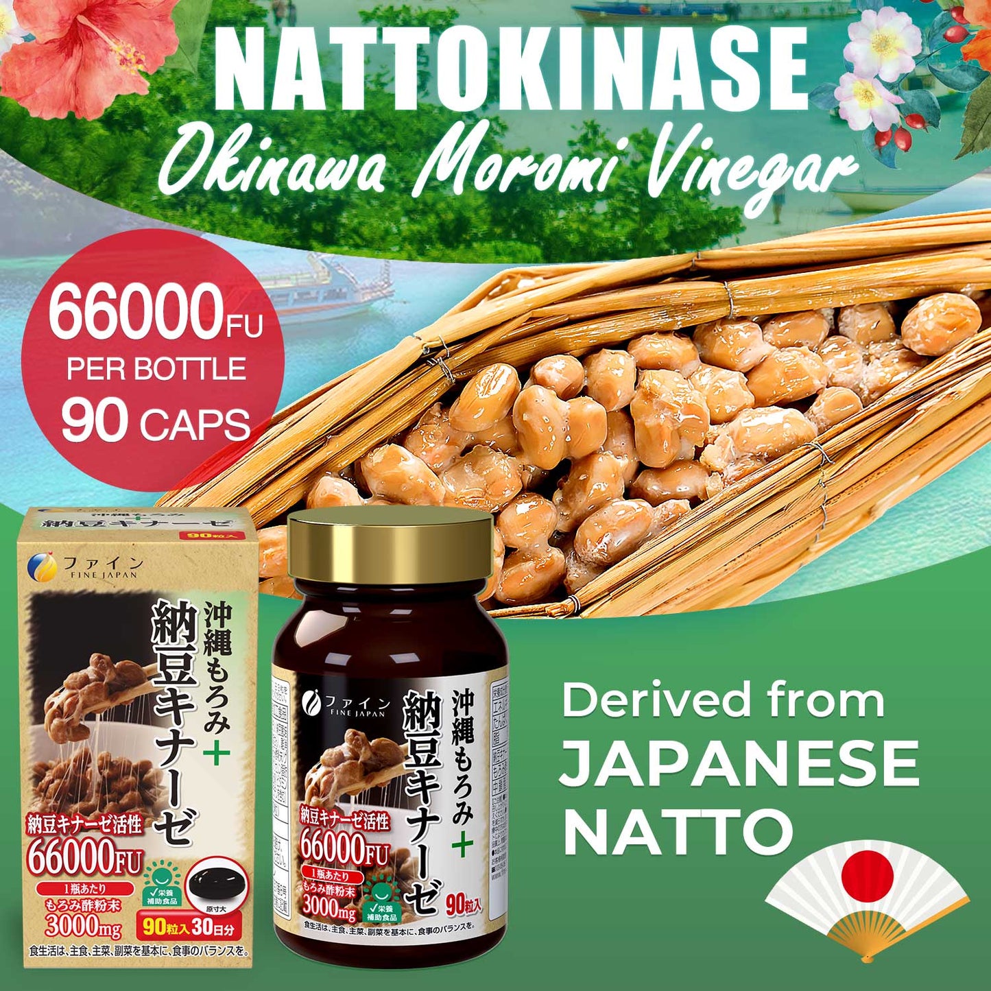 Nattokinase with Coconut Oil and Okinawa Moromi Vinegar 66,000 FU per Bottle (90 capsules) by FINEJAPAN