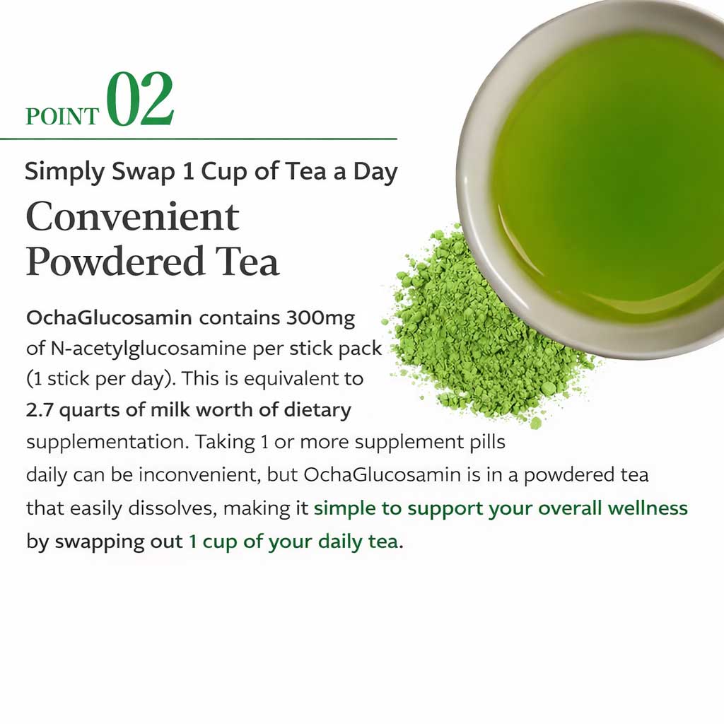 OchaCosamine Matcha Green Tea Joint Support – N-Acetyl Glucosamine 300mg Daily Knee Comfort Drink (30 Servings)by FINE JAPAN