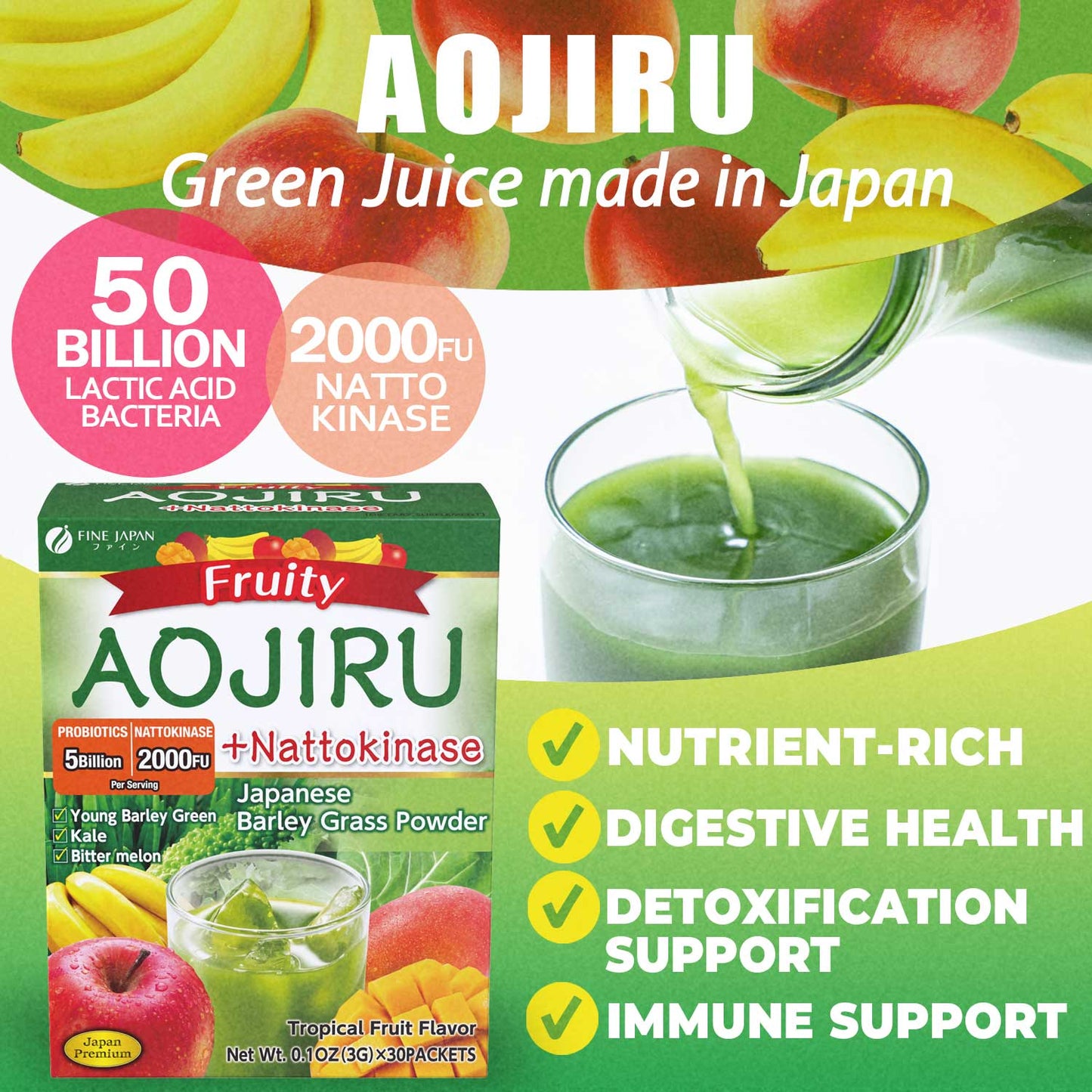 Japanese Green Aojiru Barley Grass Powder & Natto Kinase with fruits (30 Sticks) by FINE JAPAN