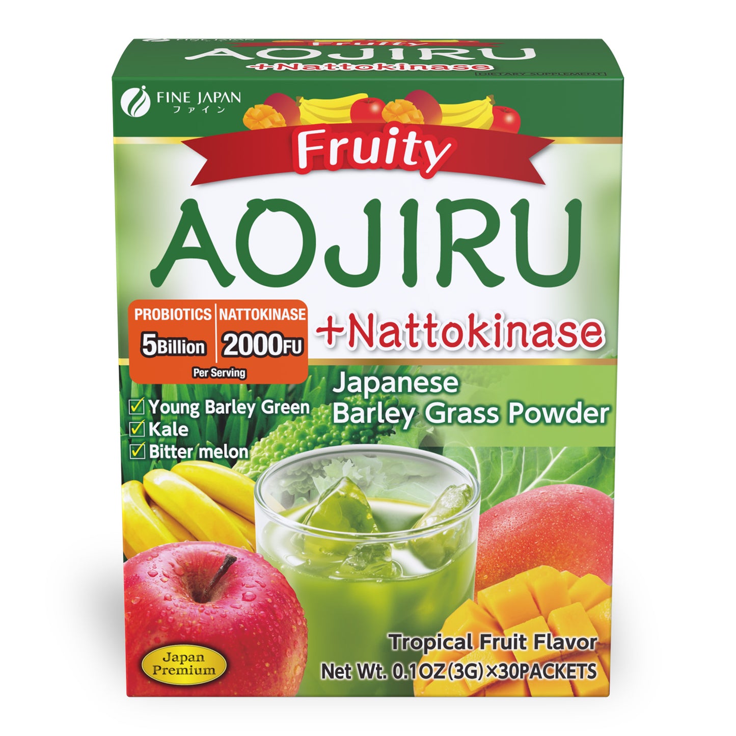 Japanese Green Aojiru Barley Grass Powder & Natto Kinase with fruits (30 Sticks) by FINE JAPAN