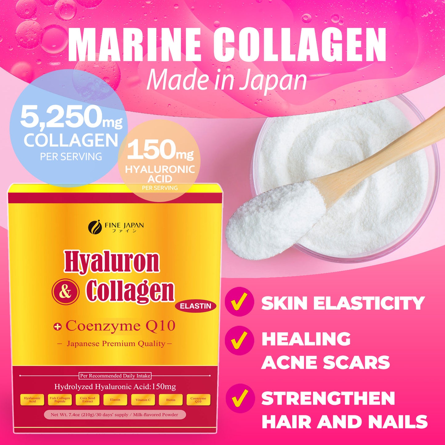 Premium Marine Collagen Powder with Hyaluronic Acid, CoQ10 & Elastin (210g/7.4oz for 30 Days) Set of 12 by FINE JAPAN