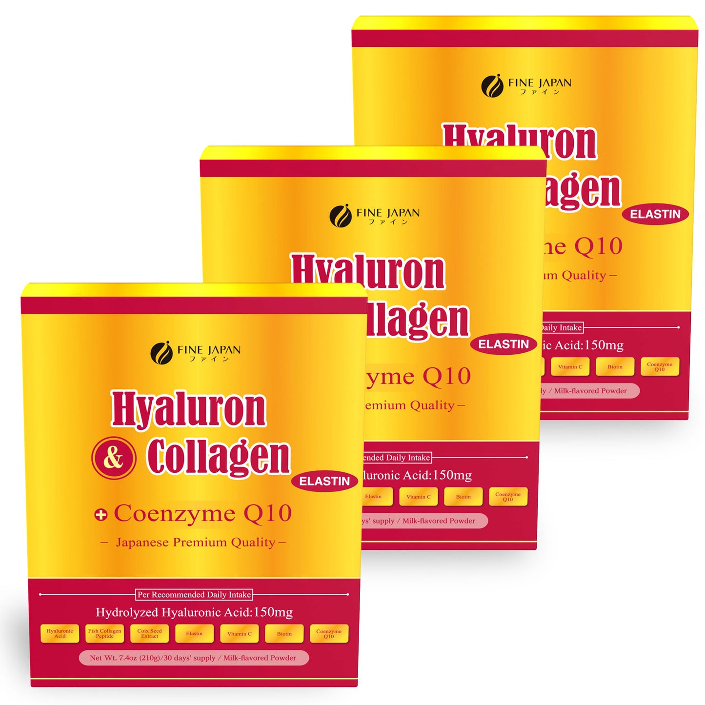 Premium Marine Collagen Powder with Hyaluronic Acid, CoQ10 & Elastin (210g/7.4oz for 30 Days) Set of 3 by FINE JAPAN