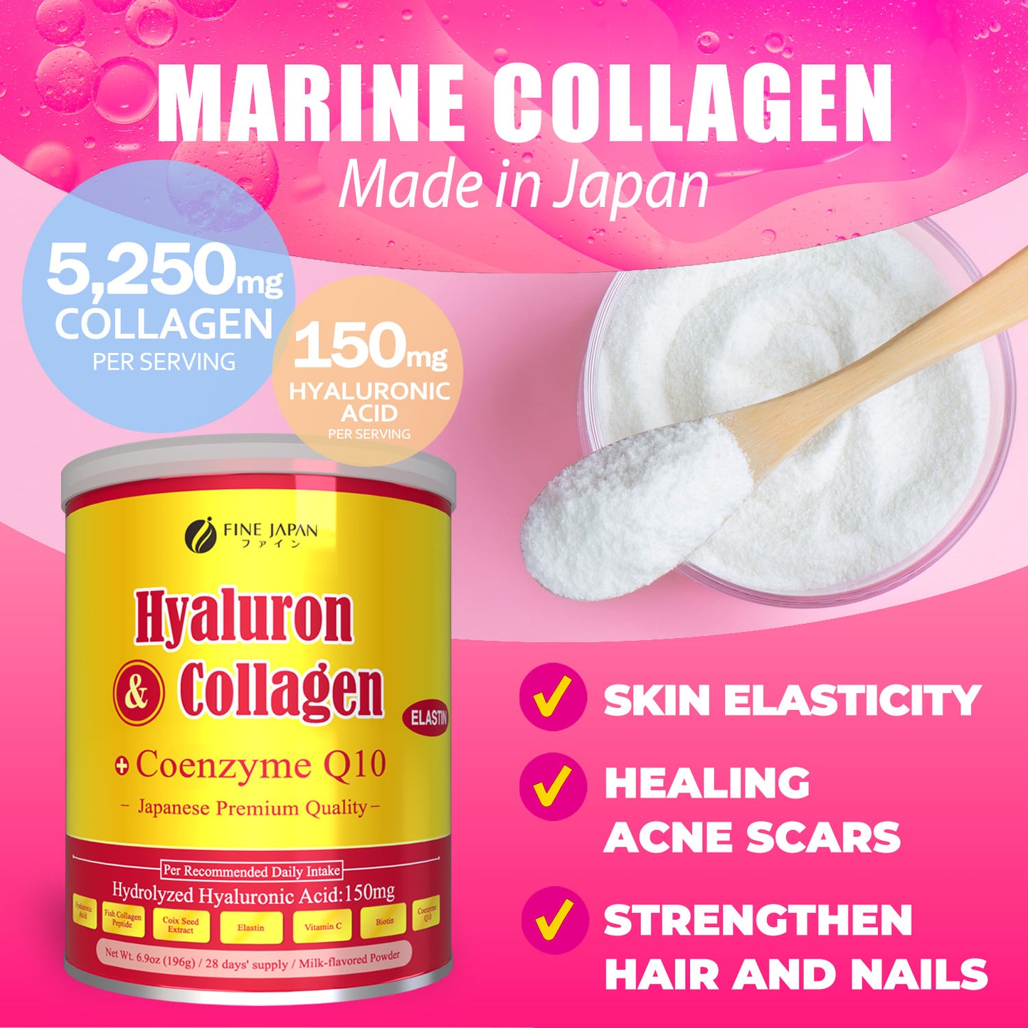 Premium Marine Collagen Powder with Hyaluronic Acid, CoQ10 & Elastin (196g/6.9oz x 28-Day Supply) Set of 3 by FINE JAPAN