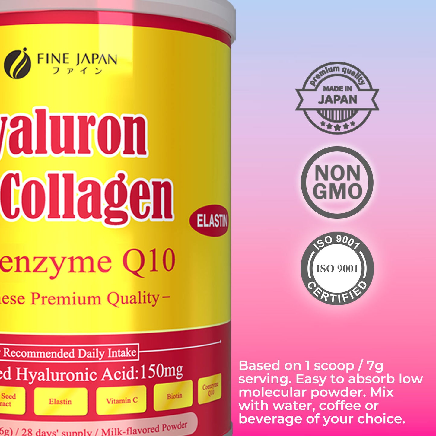 Premium Marine Collagen Powder with Hyaluronic Acid, CoQ10 & Elastin (196g/6.9oz x 28-Day Supply) Set of 3 by FINE JAPAN