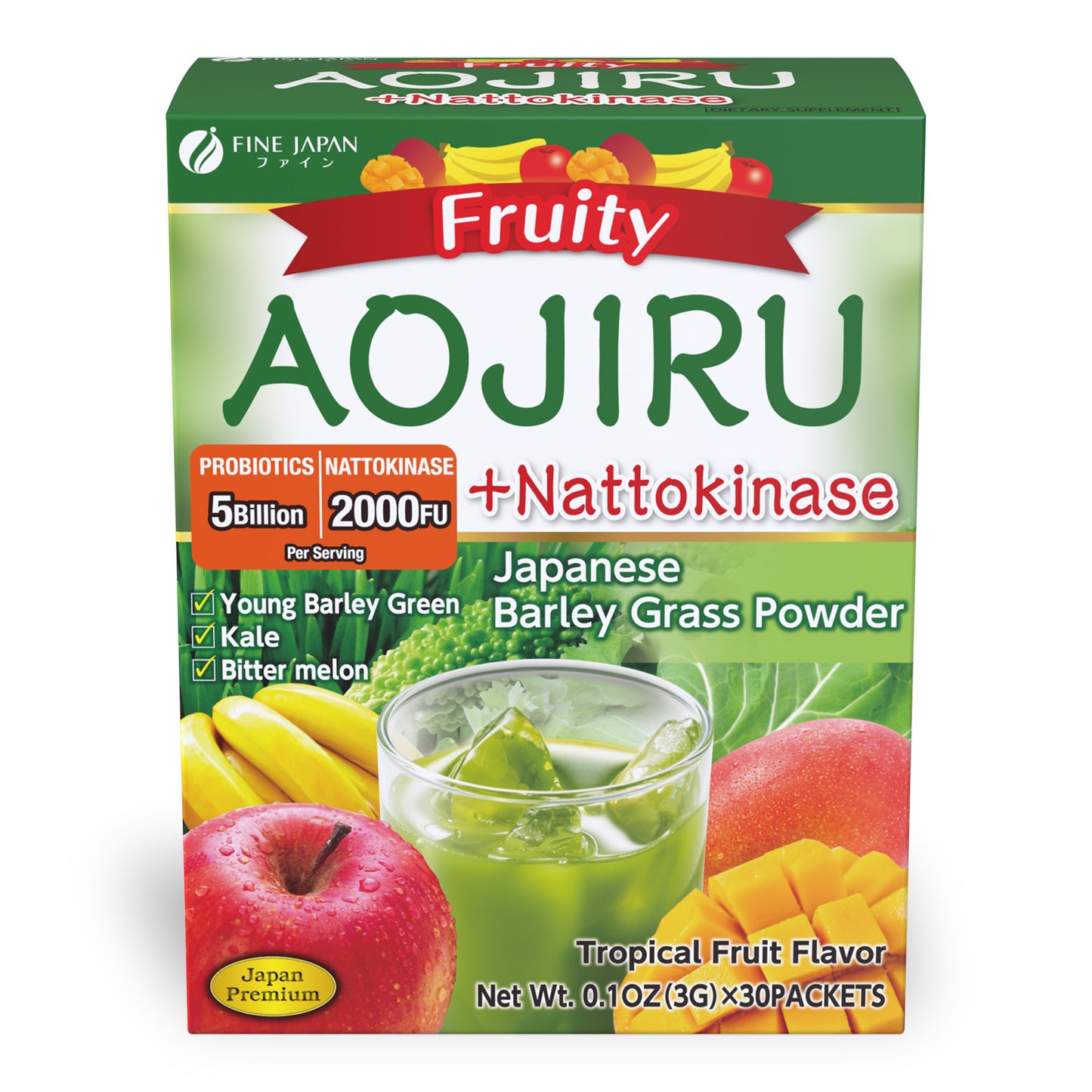 Japanese Green Aojiru Barley Grass Powder & Natto Kinase with fruits (30 Sticks) Set of 6 by FINE JAPAN