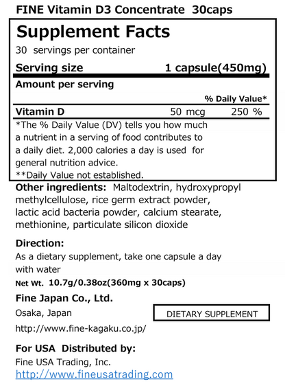 High-Concentration Vitamin D3 – Immune & Bone Support, 30 Tablets (360mg) by FINE JAPAN