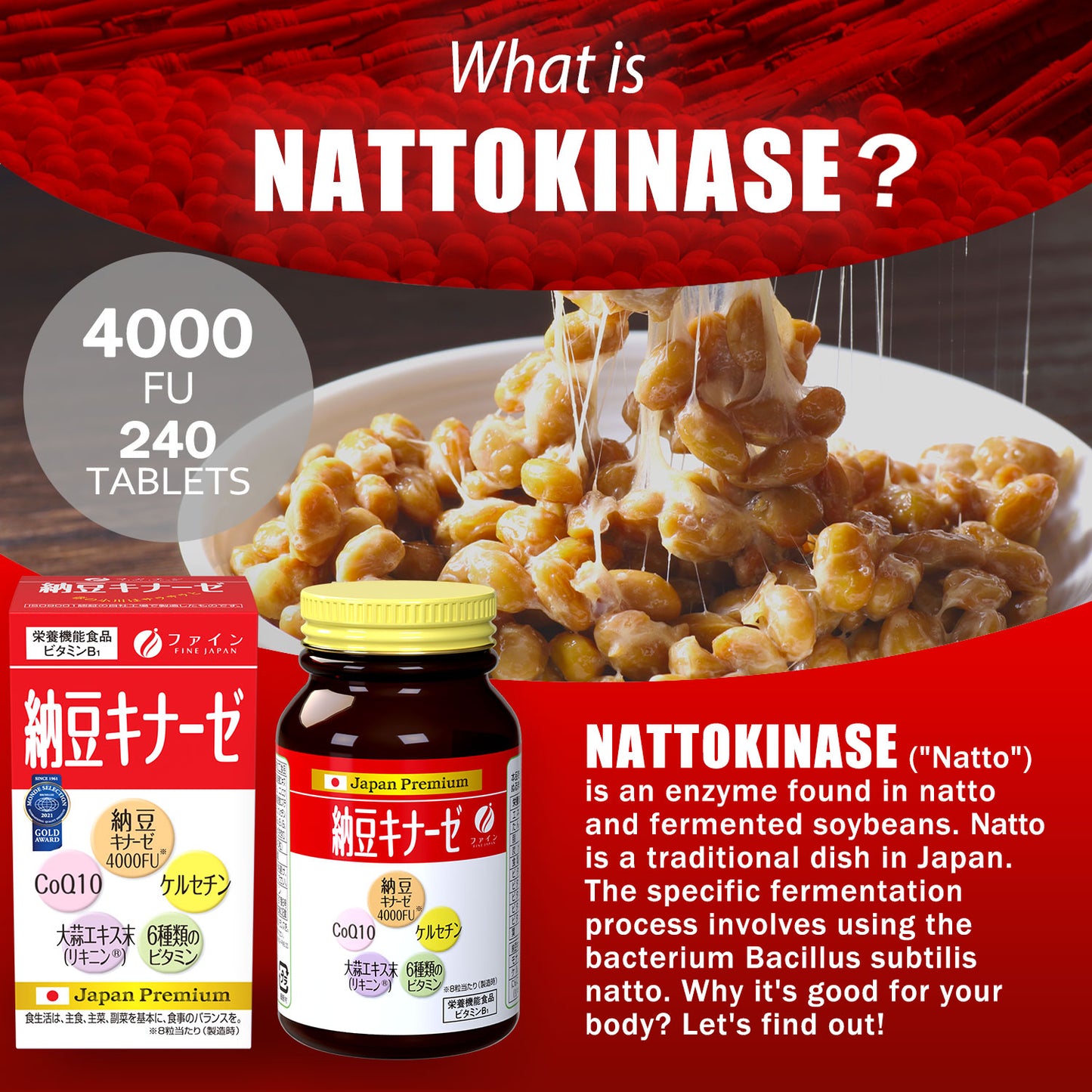 ★SPECIAL DEAL! BUY 6 FOR THE PRICE OF 5★Nattokinase 4000FU (240 tablets) Set of 6 by FINE JAPAN