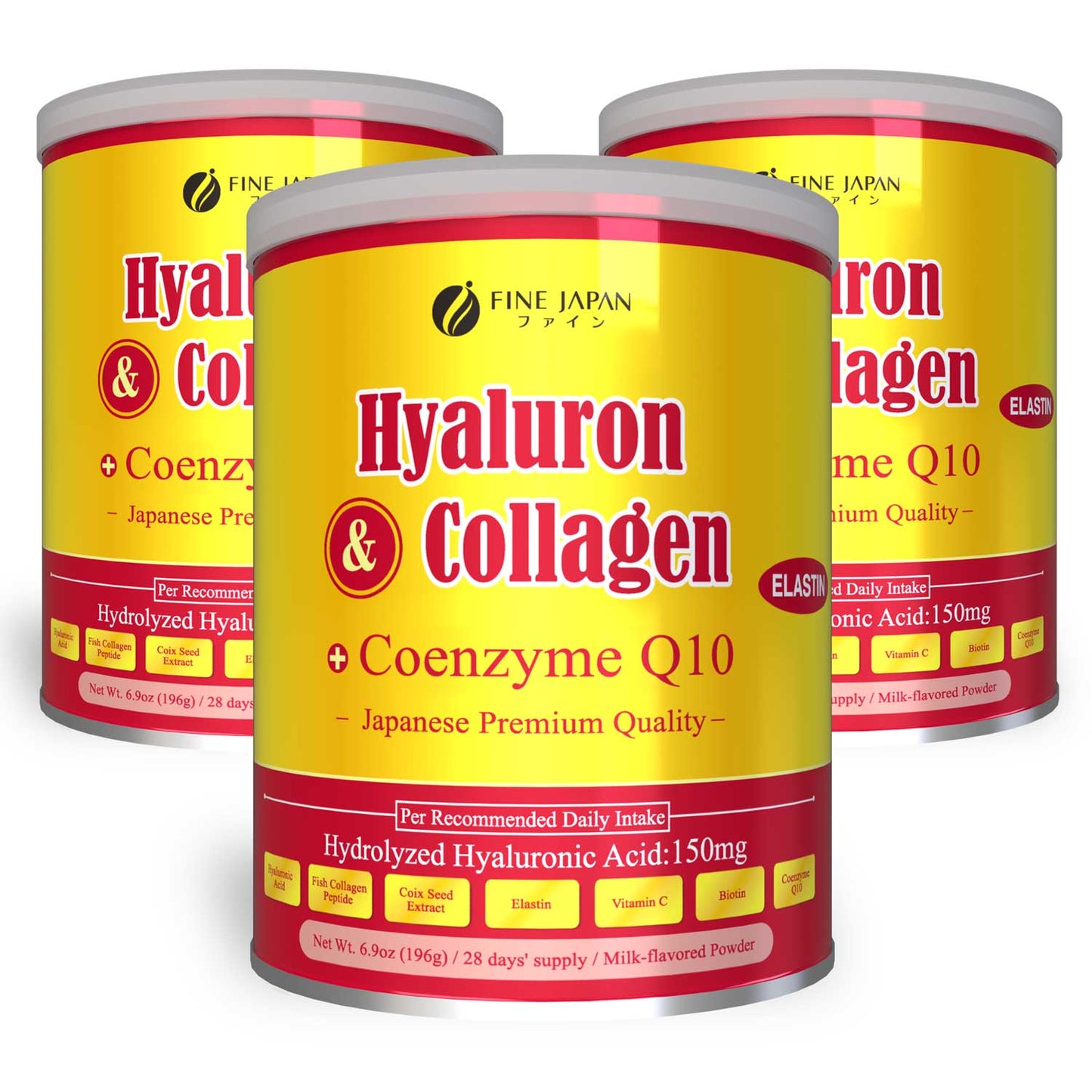 Premium Marine Collagen Powder with Hyaluronic Acid, CoQ10 & Elastin (196g/6.9oz x 28-Day Supply) Set of 3 by FINE JAPAN