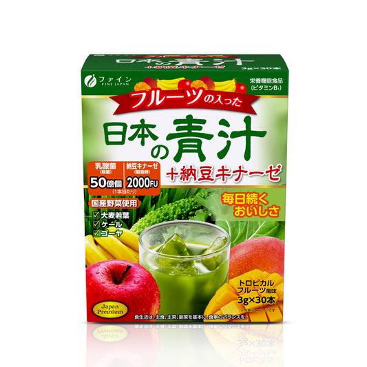 Japanese Green Aojiru Barley Grass Powder & Natto Kinase with fruits (30 Sticks) by FINE JAPAN